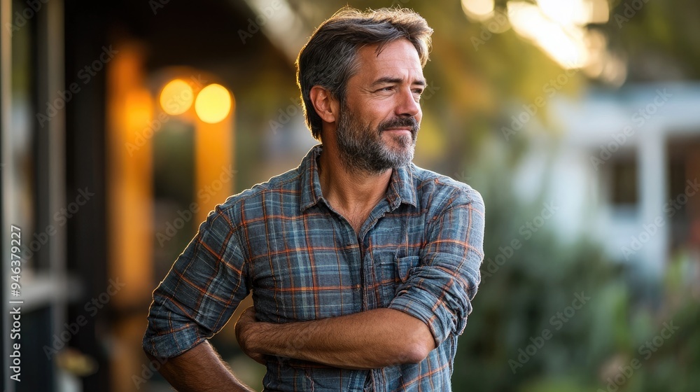 Handsome mature man smiling and looking away outdoors in the city