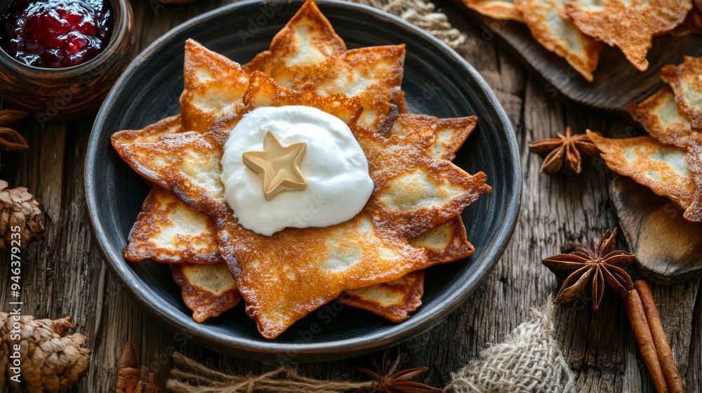 Illuminating Star-shaped Pancakes with Jam and Sour Cream Toppings Illuminating Star-shaped Pancakes with Jam and Sour Cream Toppings