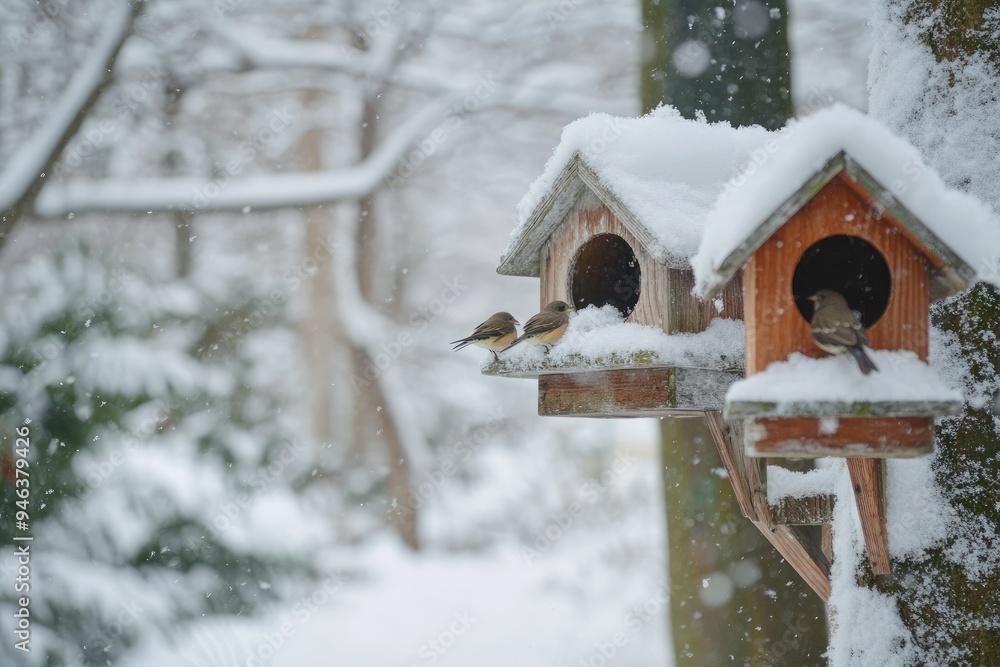 Two birds waiting on birdhouse during snowfall Two birds waiting on birdhouse during snowfall