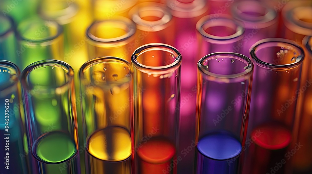 Close-up of a rainbow array of test tubes, each filled with a different vibrant liquid, representing diversity in science. Close-up of a rainbow array of test tubes, each filled with a different vibrant liquid, representing diversity in science.