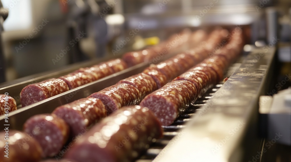 Sausages on a Conveyor Belt in a Factory Sausages on a Conveyor Belt in a Factory