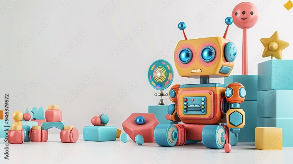 Poster with children's toys. 3D illustration with robot, spinning top and cube. Ideal as decoration or invitation on a white background with space for text Poster with children's toys. 3D illustration with robot, spinning top and cube. Ideal as decoration or invitation on a white background with space for text