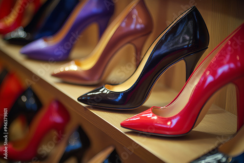 High heels arranged artfully on a boutique shelf, with a variety of styles and colors in the background. photo