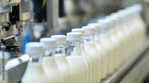 Milk Bottles on a Conveyor Belt in a Dairy Factory