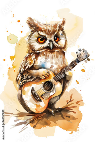 cute owl play guitar illustration watercolor style