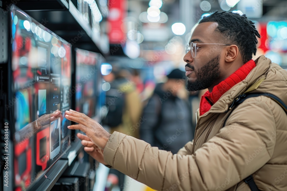 Customer choosing new tv in electronics store reading product information on digital interactive screen Customer choosing new tv in electronics store reading product information on digital interactive screen