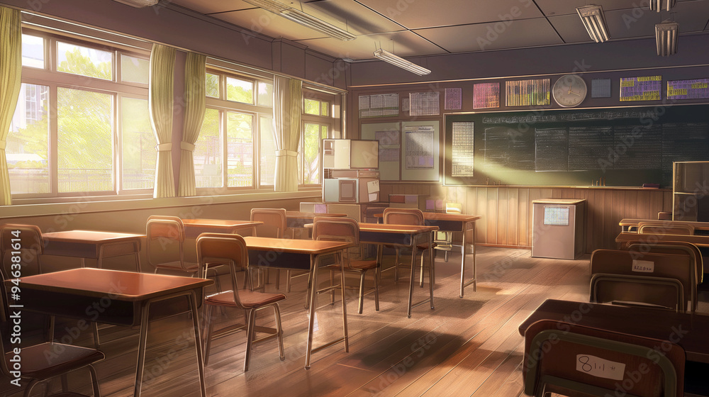 A classroom with a lot of desks and chairs A classroom with a lot of desks and chairs