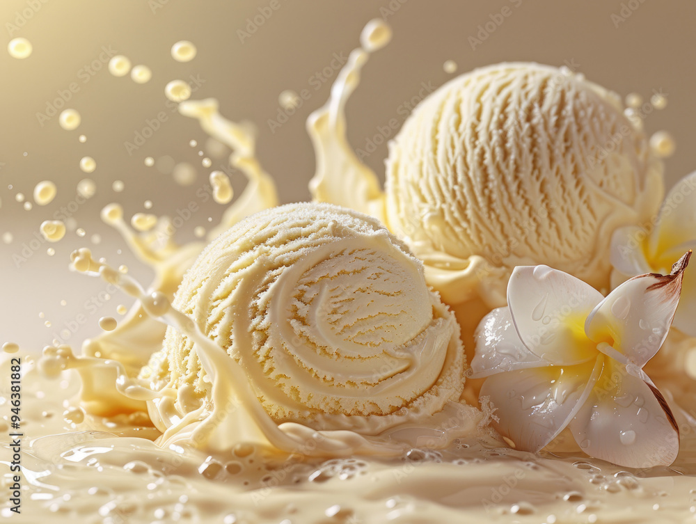 Splash with ball of vanilla ice cream inside, light background. Delicious milk food, sweet summer treat. Close-up Splash with ball of vanilla ice cream inside, light background. Delicious milk food, sweet summer treat. Close-up