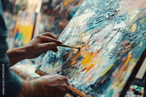 Artist Painting on Canvas with Vibrant Colors