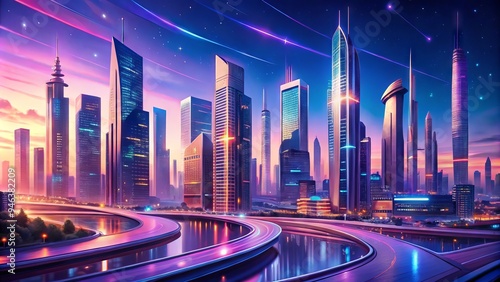 Vibrant, stylized illustration of a futuristic cityscape at dusk, featuring sleek skyscrapers, winding roads, and a kaleidoscope of neon lights against a radiant blue-purple sky. photo