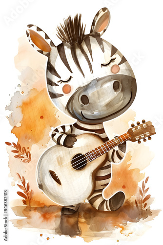 cute zebra play guitar illustration watercolor style