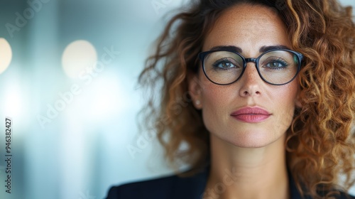 An indoor portrait of a confident woman with glasses and curly hair, exuding a sense of intelligence, determination, and professionalism with a clear focus in her eyes. photo