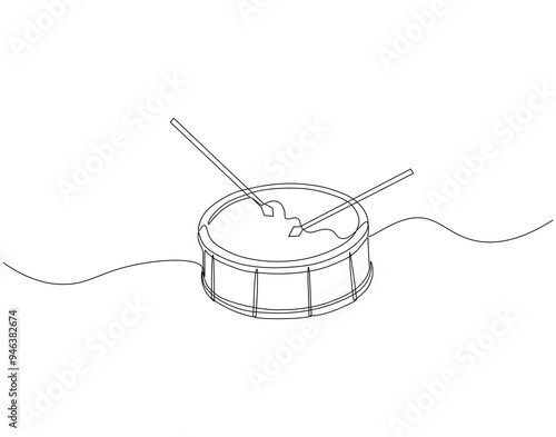 Continuous line drawing of drum and sticks. Single line illustration of drum and sticks. National drumming day concept. Editable outline