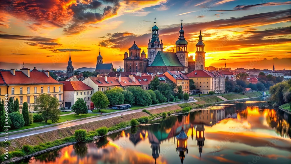 Fototapeta premium Vibrant sunset casts a warm glow over Poznan's historic cityscape, showcasing the majestic Cathedral of St. Peter and St. Paul and the Warta River.