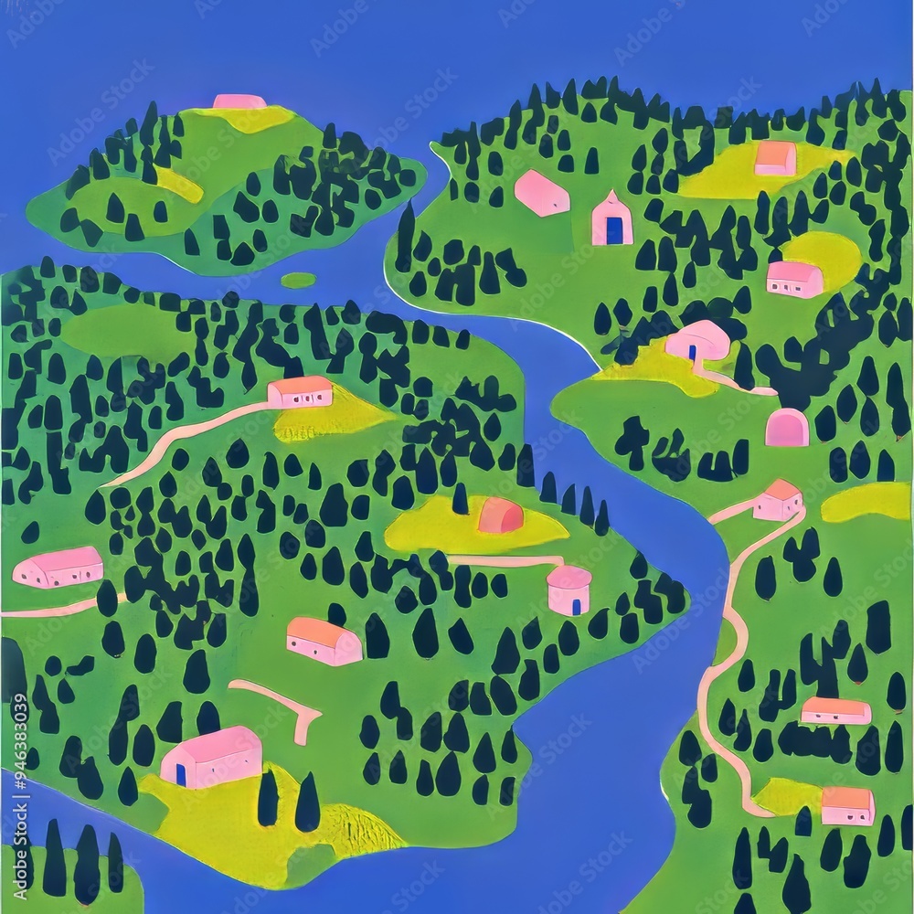 Naklejka premium A vibrant illustration of a serene island landscape with lush greenery and a tranquil river