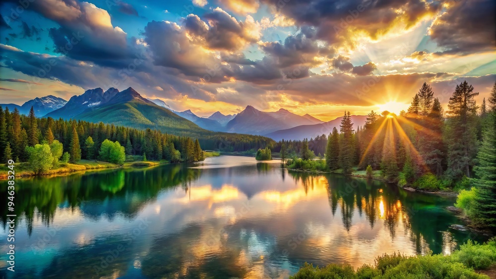 Fototapeta premium Vibrant sunset over tranquil landscape with lush green trees, sparkling lake, and majestic mountains, evoking a sense of serenity, peace, and appreciation for natural beauty.