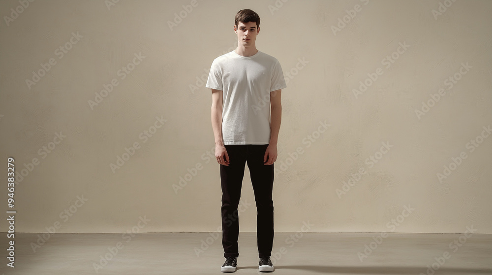 Young man wearing white t shirt mockup posing in studio Young man wearing white t shirt mockup posing in studio