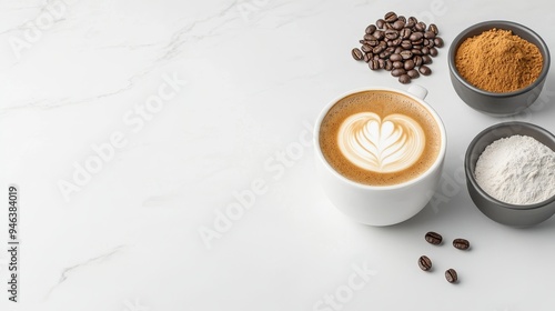 A cup of coffee with latte art in the shape of a heart, surrounded by ingredients such as coffee beans, cinnamon, and sugar,  representing the essential components of a perfect cup of coffee. The marb photo