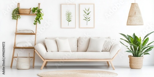 A modern living room featuring a cozy sofa, stylish decor, and lush plants, creating a serene and inviting atmosphere.