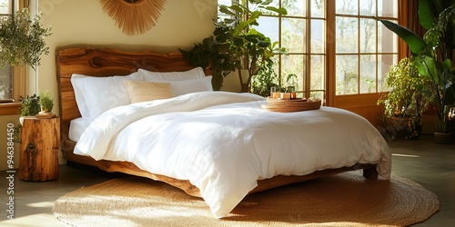 Cozy bedroom featuring a wooden bed with white bedding, surrounded by greenery and natural light. photo