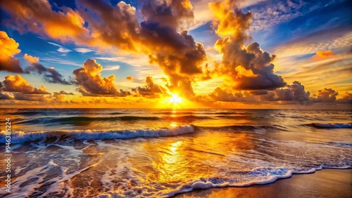 Vibrant warm hues illuminate the horizon as morning breaks, casting a golden glow on gentle waves and wispy clouds above a serene ocean landscape. photo