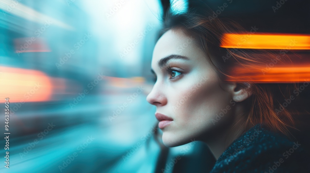 A side profile of a woman on a train, looking out the window with the blurry city lights reflecting on the glass, capturing a moment of quiet introspection. A side profile of a woman on a train, looking out the window with the blurry city lights reflecting on the glass, capturing a moment of quiet introspection.