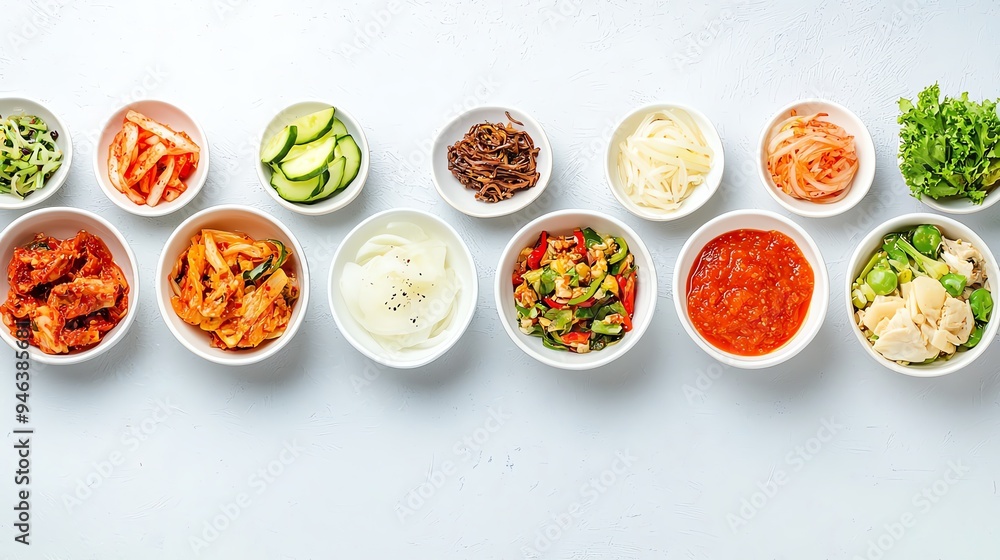 A table set with small dishes of probioticrich condiments, such as fermented salsa, kimchi, and pickled onions Probiotic-rich diet concept. A table set with small dishes of probioticrich condiments, such as fermented salsa, kimchi, and pickled onions Probiotic-rich diet concept.