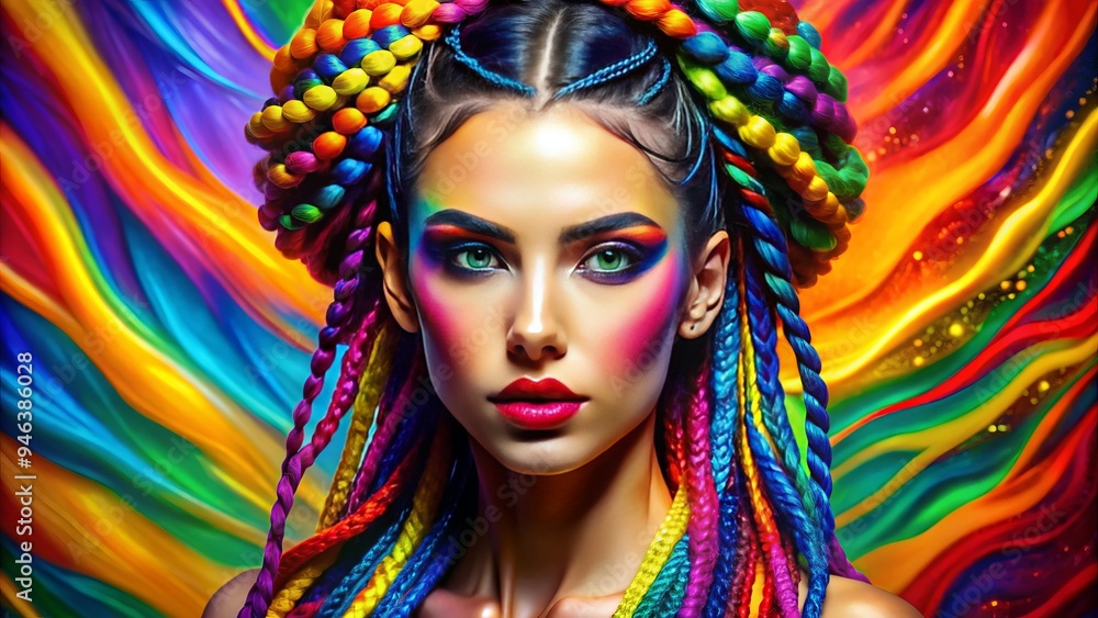 Vibrant woman with colorful braids and bold makeup stands confidently against a kaleidoscopic background of swirling rainbow hues, exuding energy and self-expression. Vibrant woman with colorful braids and bold makeup stands confidently against a kaleidoscopic background of swirling rainbow hues, exuding energy and self-expression.