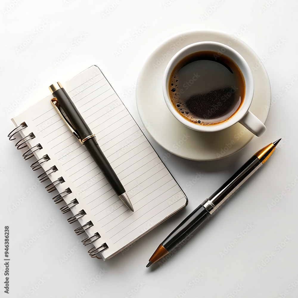 Coffee cup with a notebook and pens Coffee cup with a notebook and pens