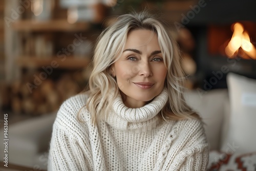 portrait of a middle-aged blonde woman in a white sweater : Generative AI