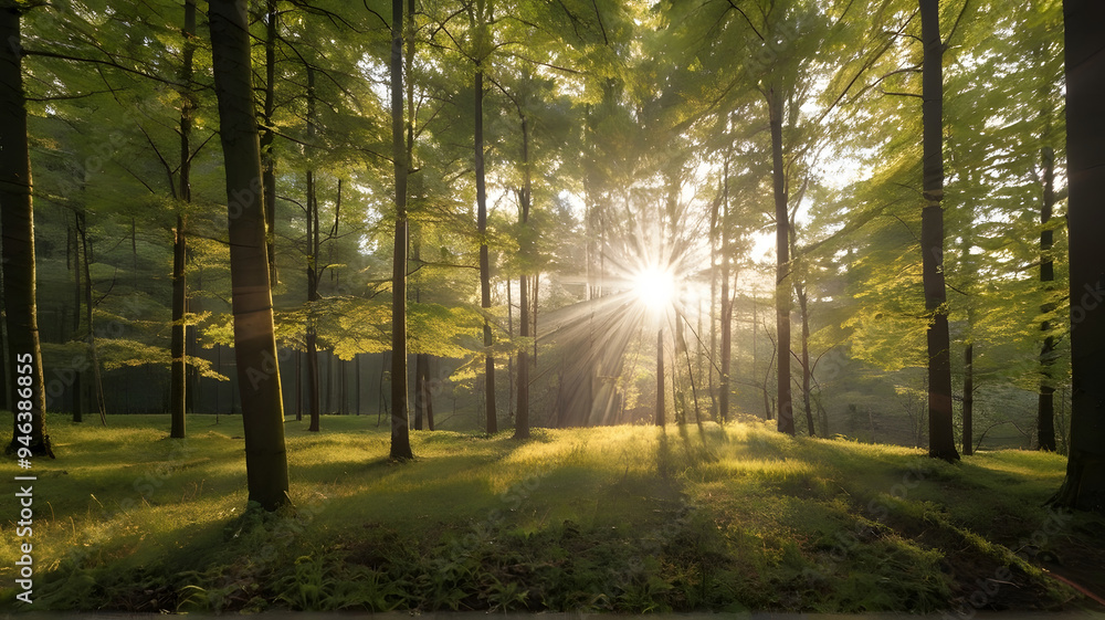 Fototapeta premium The sun is shining through the trees in the forest
