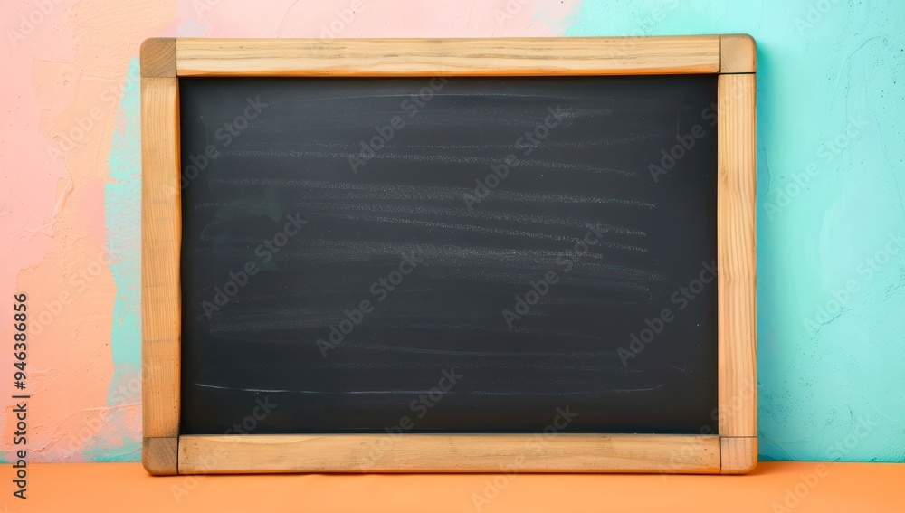 Educational blackboard with a wooden edge on a pastel orange background, providing ample space for mockups and banners Educational blackboard with a wooden edge on a pastel orange background, providing ample space for mockups and banners