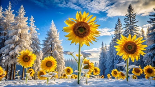 Vibrant yellow winter sunflowers stand tall amidst snow-covered trees and frozen landscape, bringing warmth and hope to a serene and tranquil winter wonderland scene.