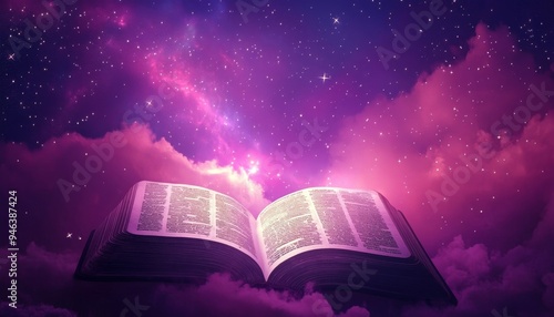 Majestic Celestial Revelation: Sacred Scripture Manifesting in Heavenly Skies. Ethereal World Book Day Concept with Elegant Minimalist Design, Gradient Textures for Cultural Marketing, Spiritual Inclu