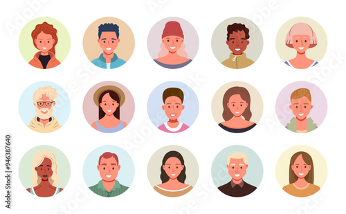 Collection of diverse people avatars in circular frames. Vector illustration of multiethnic user portraits. Flat cartoon male and female characters icons.
