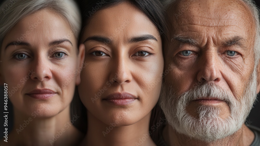 Three individuals of varying ages display distinct expressions, highlighting diversity and human emotion in a close-up setting with soft, natural light. Generative AI Three individuals of varying ages display distinct expressions, highlighting diversity and human emotion in a close-up setting with soft, natural light. Generative AI