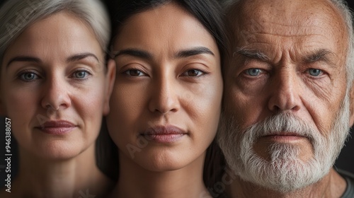 Three individuals of varying ages display distinct expressions, highlighting diversity and human emotion in a close-up setting with soft, natural light. Generative AI