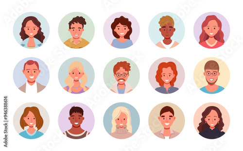 Diverse people avatars collection in circular icons. Multiethnic user portraits in vector illustration. Flat cartoon male and female faces.