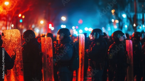 Law enforcement stands resilient with riot shields as protesters rally for their rights under a colorful night sky, highlighting community tensions. Generative AI photo