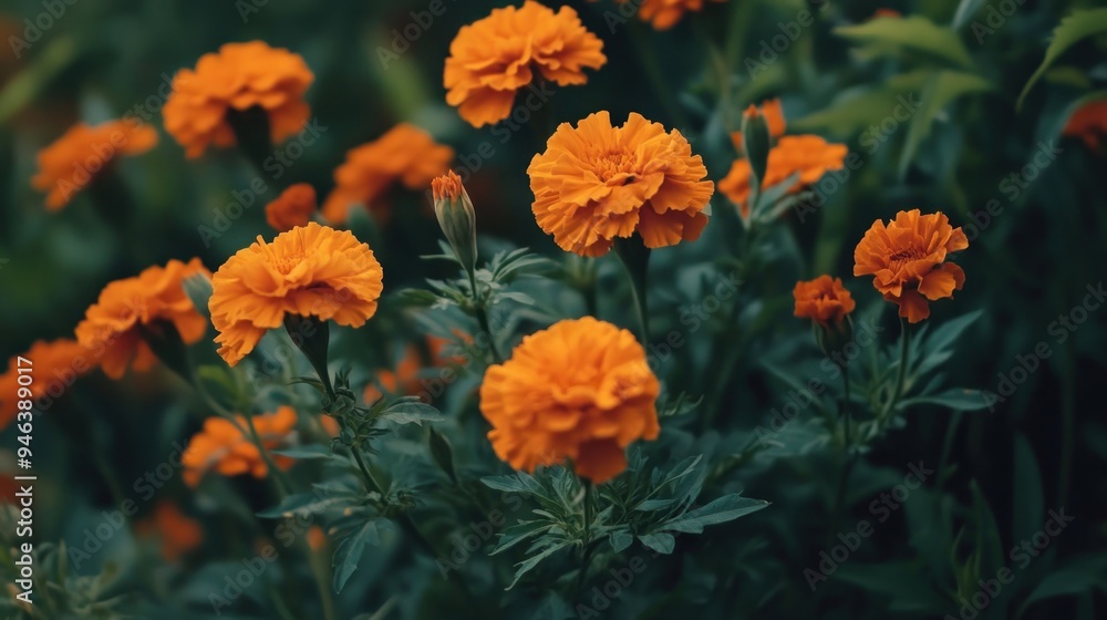 Orange Marigolds in a Lush Green Garden Orange Marigolds in a Lush Green Garden
