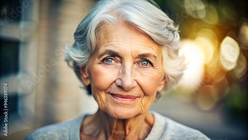 Warmly lit, soft-focused portrait of a gently smiling senior woman with silver hair, wise eyes, and wrinkled skin, exuding kindness and quiet confidence. photo