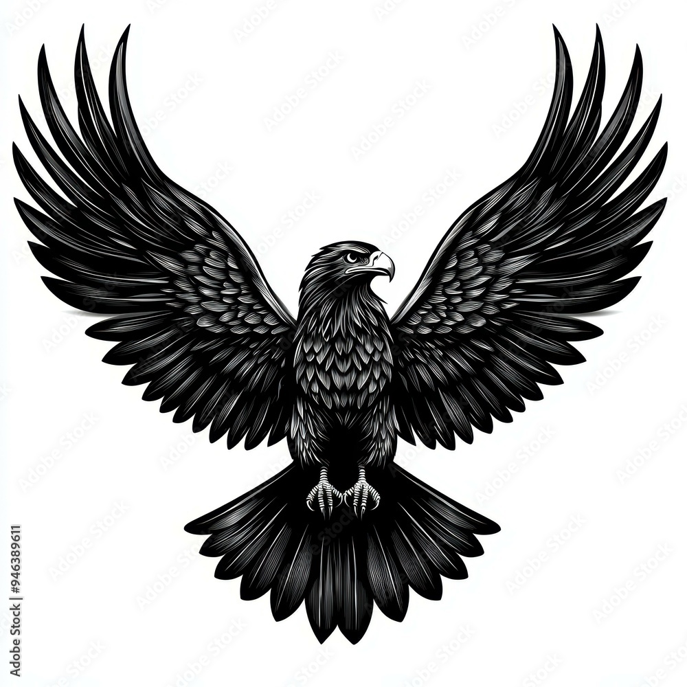 Obraz premium A monochrome illustration of a majestic eagle with outstretched wings, depicted in intricate black lines, Ideal for tattoo designs, logos, heraldry, or nature-themed artwork,