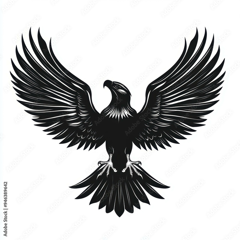 Obraz premium Silhouette of an eagle with outstretched wings, ideal for logos, tattoos, and branding, symbolizing power, freedom, and strength,