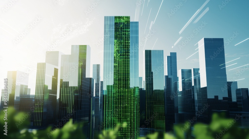 Futuristic city with green digital overlays on buildings, highlighting smart cities, renewable energy, and eco-innovation Futuristic city with green digital overlays on buildings, highlighting smart cities, renewable energy, and eco-innovation