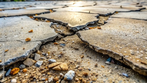 Weathered concrete floor cracked and broken, with fissures and fragments scattered across the surface, revealing underlying layers of gravel and sand. photo