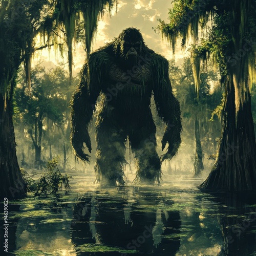 Wallpaper Mural A towering, mythical creature emerges from a misty, swamp forest illuminated by soft sunlight, perfect for use in fantasy, horror, or supernatural themed projects, Torontodigital.ca