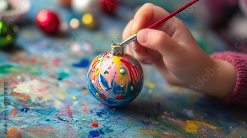 Fototapeta Naklejka Na Ścianę i Meble -  A close-up of a childs hands painting a Christmas ornament with festive colors