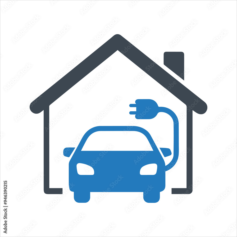 Electric car. Electric vehicle recharging. Charging an electric car at home. EV charger icon Electric car. Electric vehicle recharging. Charging an electric car at home. EV charger icon
