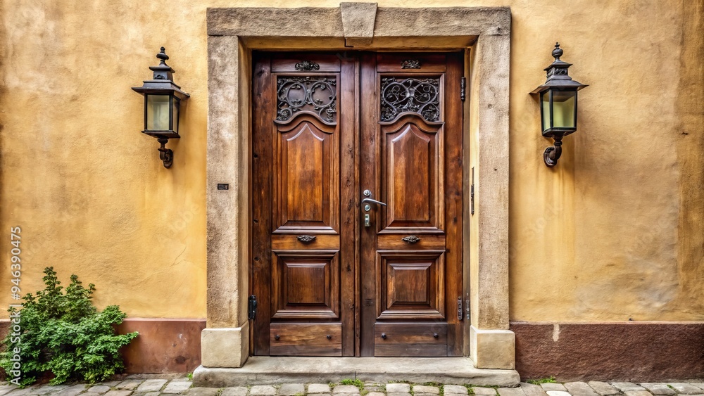 Weathered wooden front door with dark brown stain and ornate metal hardware against a neutral-colored exterior wall with subtle textures and natural lighting. Weathered wooden front door with dark brown stain and ornate metal hardware against a neutral-colored exterior wall with subtle textures and natural lighting.