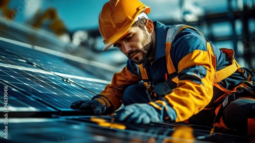 Renewable energy technician installing solar battery storage